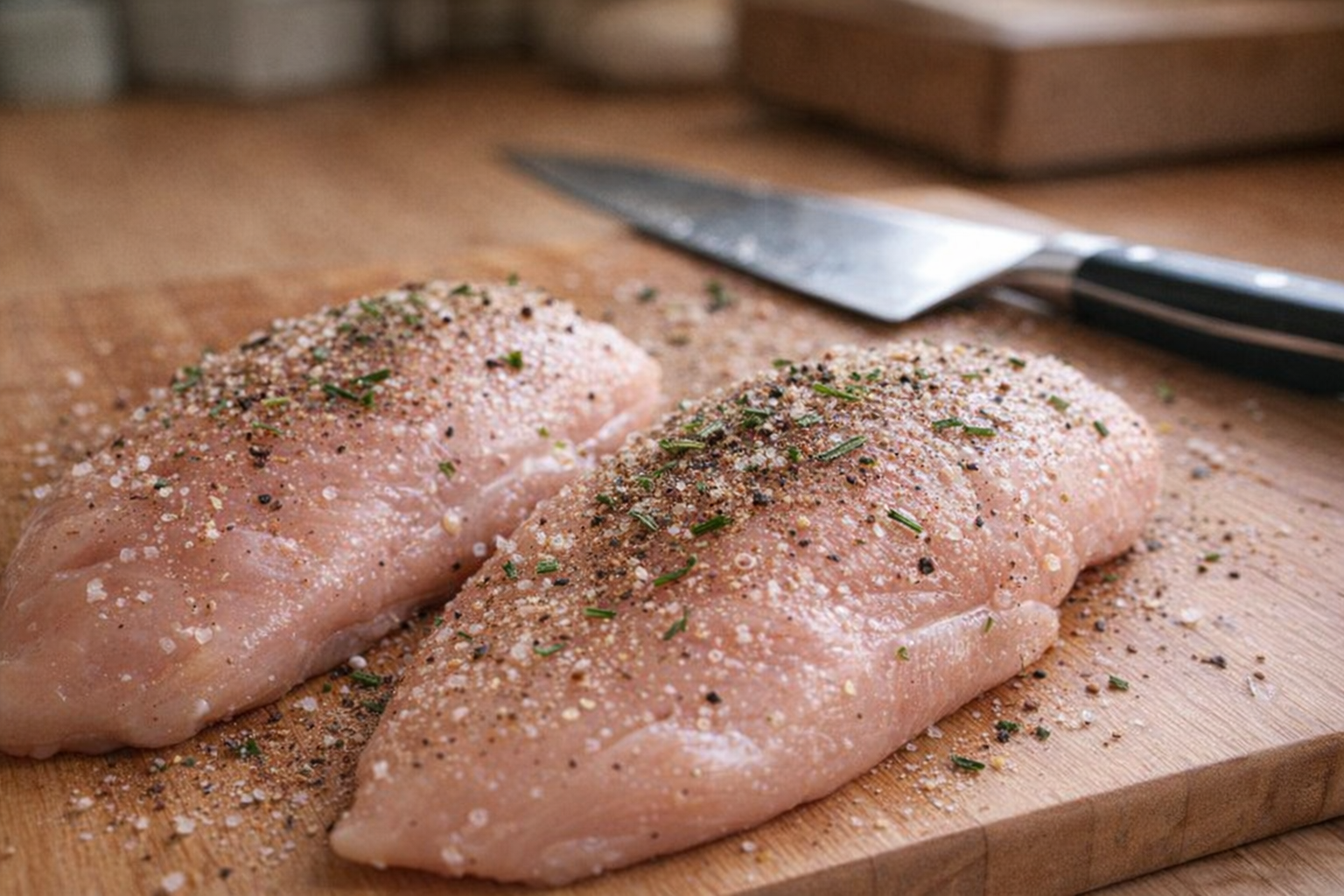 A close-up shot of raw chicken breasts on a wooden cutting board, sprinkled with salt, pepper, and herbs, a chef's knife and cutting board in the background